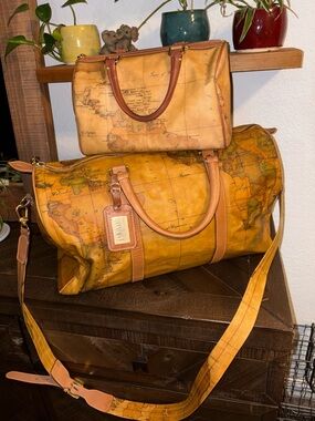 Alviero Martini 1ª Classe Geo Map Travel Duffle & Matching Bag Set Italy Vintage